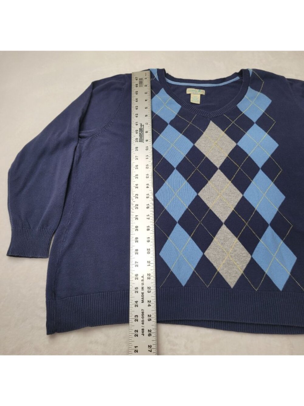 Caribbean Joe Women's Blue Argyle V-Neck Long Sleeve Sweater Size 2X - Picture 7 of 10